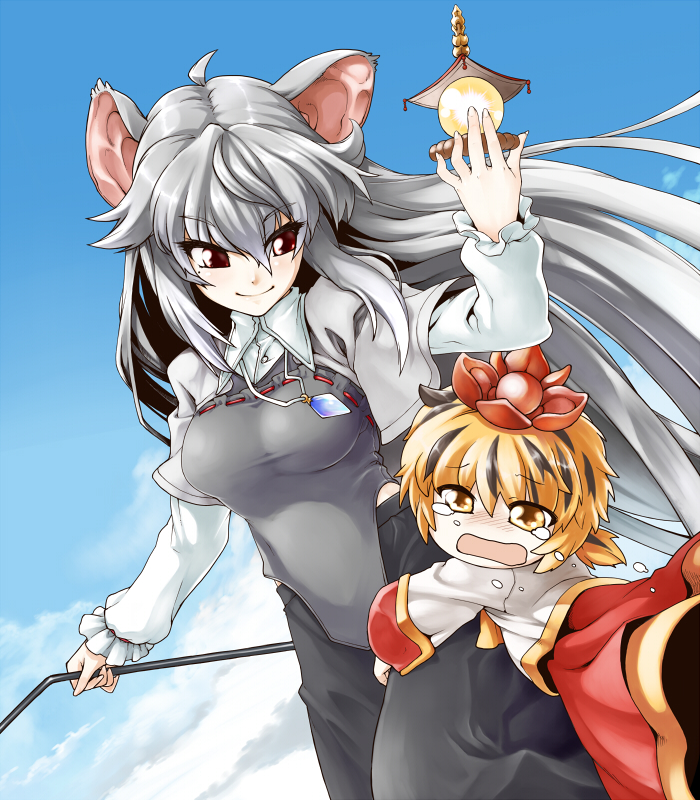 adult animal_ears black_hair blonde_hair blush child grey_hair hair_ornament hug jeweled_pagoda jewelry mole mouse_ears multicolored_hair multiple_girls nazrin open_mouth pendant phenne red_eyes role_reversal short_hair smile tears toramaru_shou touhou two-tone_hair yellow_eyes young