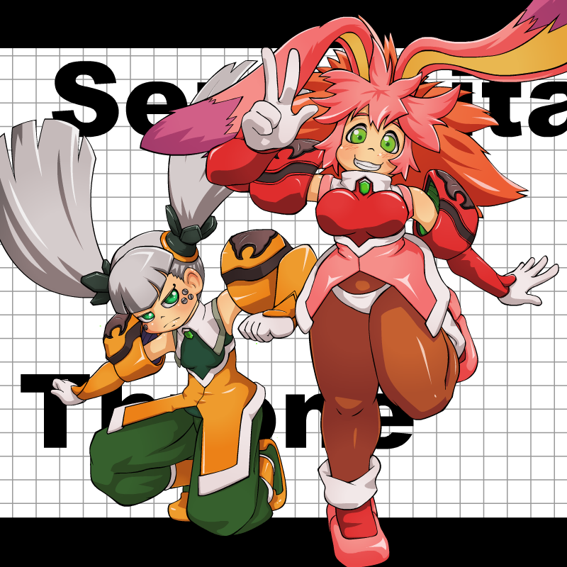 2girls animal_ears breasts brown_legwear bunny_ears character_name frown gloves green_eyes grey_hair grin kneeling long_hair multicolored_hair multiple_girls pants pantyhose pink_hair red_hair redhead seraphita shoes short_hair smile standing_on_one_leg tolone twintails two-tone_hair v vibri xenogears