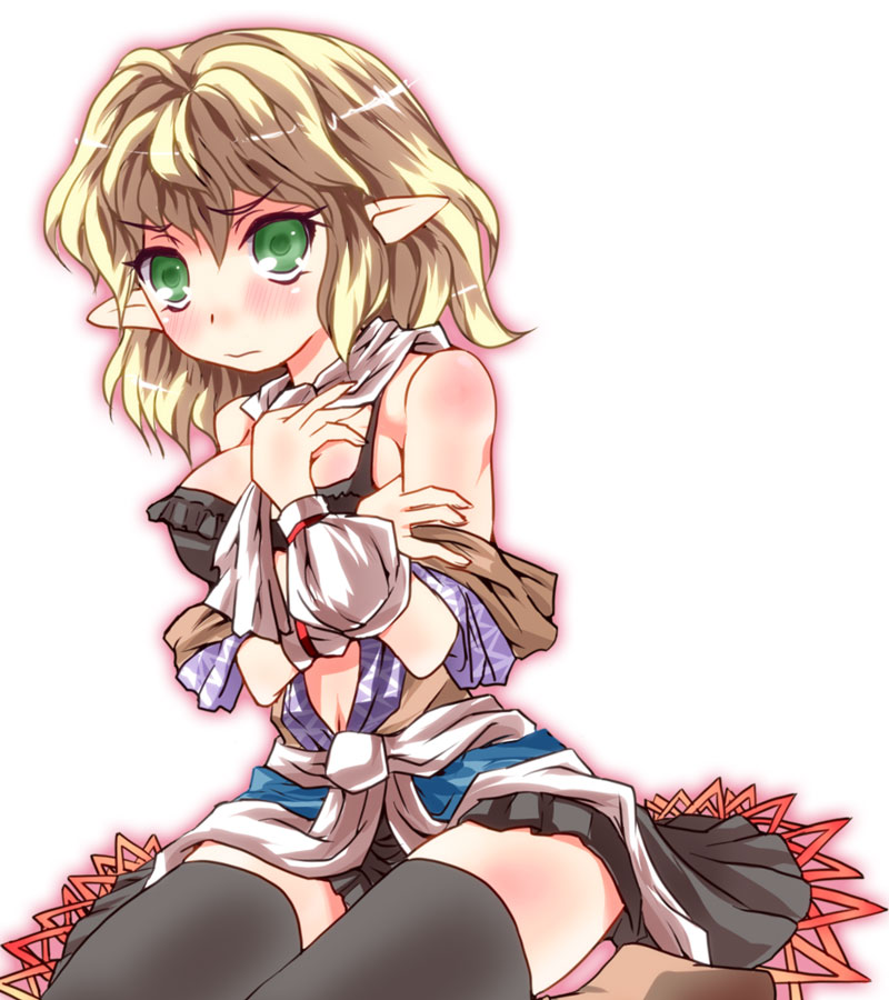 arm_warmers bare_shoulders black_bra black_legwear blush bra breasts covering covering_breasts fenfenfen green_eyes large_breasts lingerie mizuhashi_parsee off_shoulder pointy_ears short_hair sitting solo thigh-highs thighhighs touhou underwear