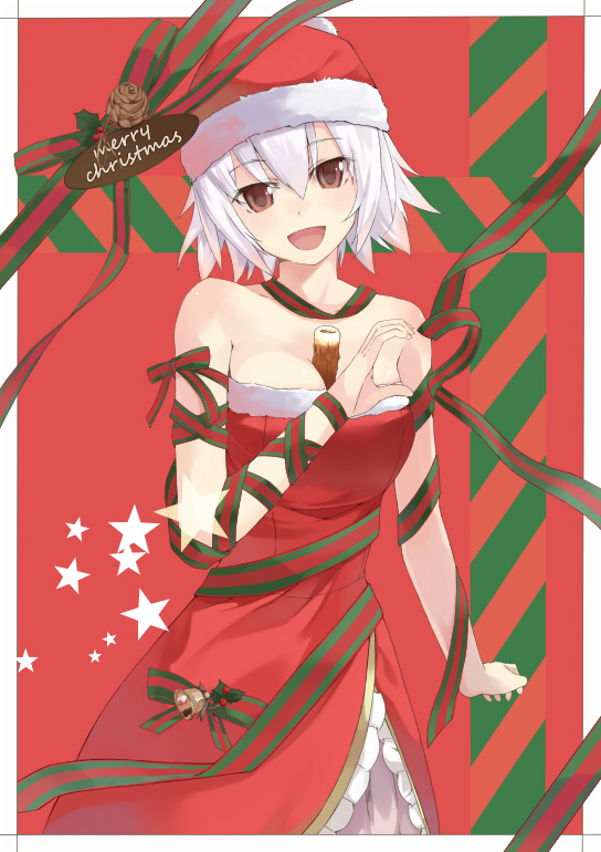 bad_id ben-tou between_breasts breasts cccpo chikuwa food hat open_mouth red_eyes santa_costume santa_hat short_hair smile solo white_hair yarizui_sen