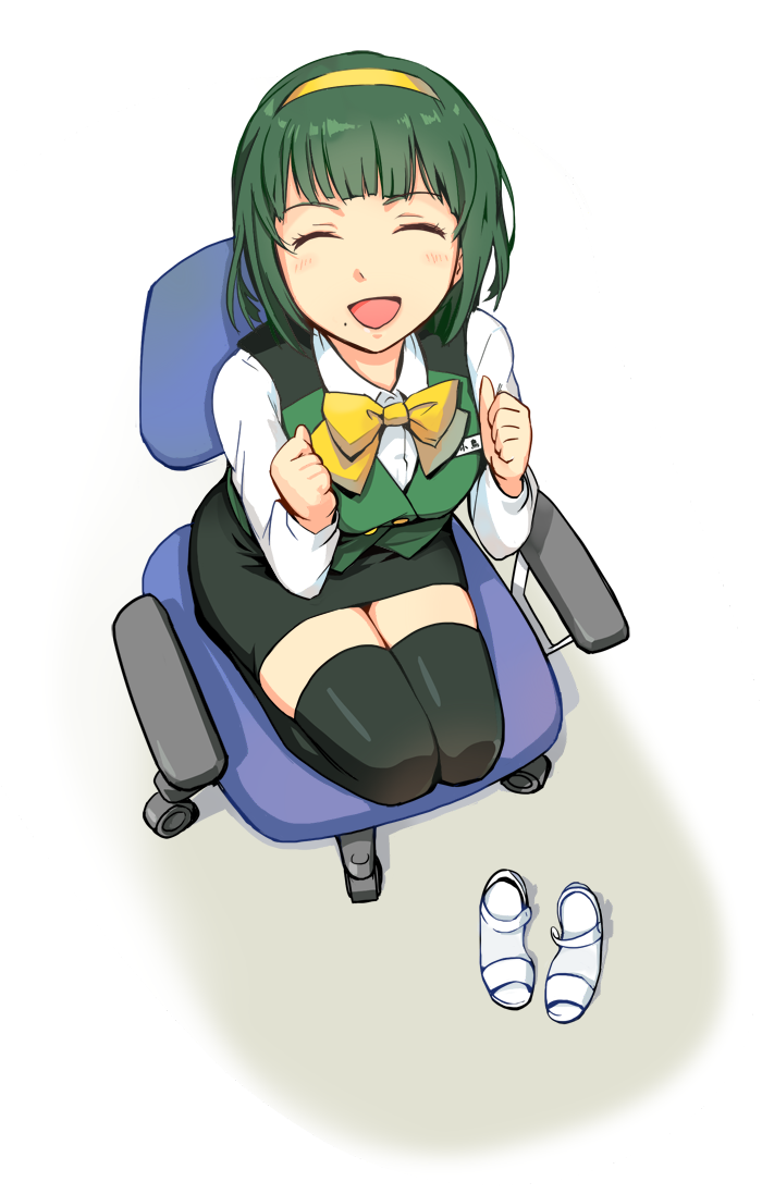 :d amado_(shin) black_legwear chair clenched_fist clenched_hands closed_eyes eyes_closed from_above green_hair hairband idolmaster mole office_chair open_mouth otonashi_kotori seiza shoes_removed short_hair sitting smile solo thigh-highs thighhighs zettai_ryouiki