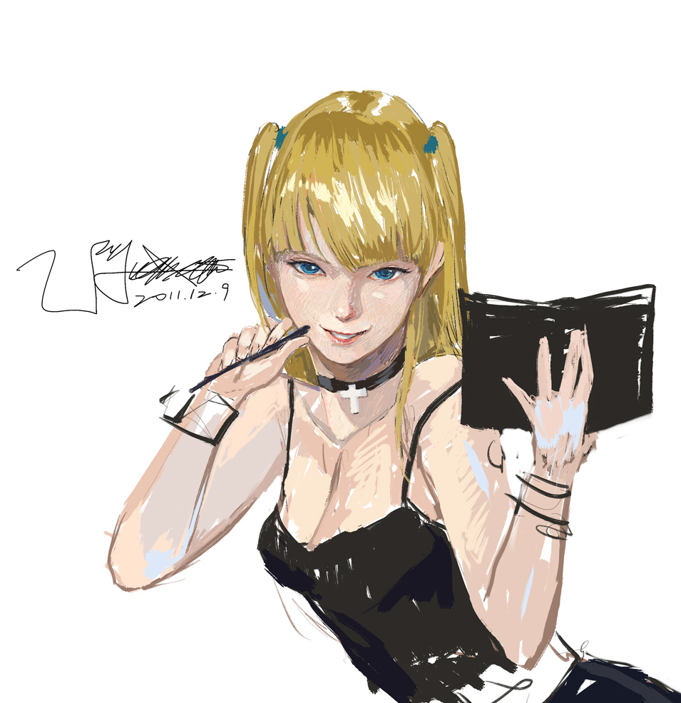 amatiz bare_shoulders blonde_hair blue_eyes breasts camisole cleavage death_note death_note_(object) long_hair notebook pen side_ponytail sketch smile solo
