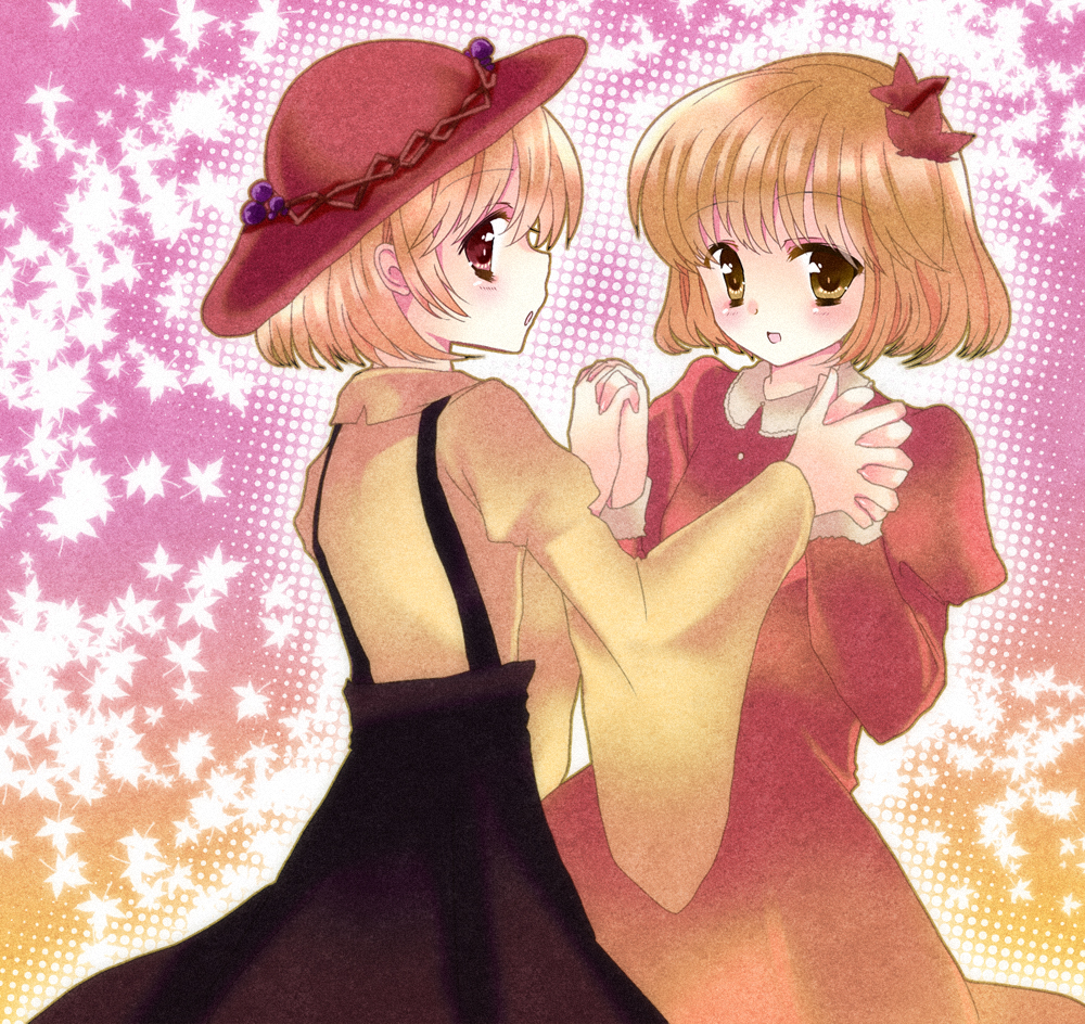 aki_minoriko aki_shizuha autumn_leaves blush hair_ornament hands_clasped hat interlocked_fingers morita_gurutamin multiple_girls red_eyes touhou yellow_eyes