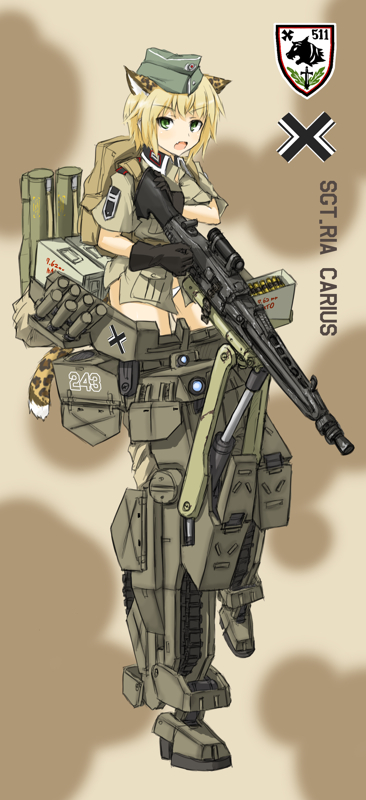 blonde_hair commentary commentary_request gun mecha_musume mg3 military military_vehicle ogitsune_(ankakecya-han) rocket_launcher strike_witches strike_witches_1991 tail tank uniform vehicle weapon