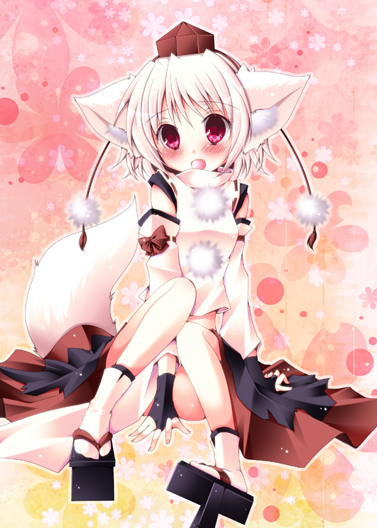 animal_ears bare_shoulders blush bridal_gauntlets covering covering_crotch detached_sleeves geta inubashiri_momiji meiya_neon open_mouth red_eyes short_hair silver_hair solo tabi tail touhou wolf_ears wolf_tail