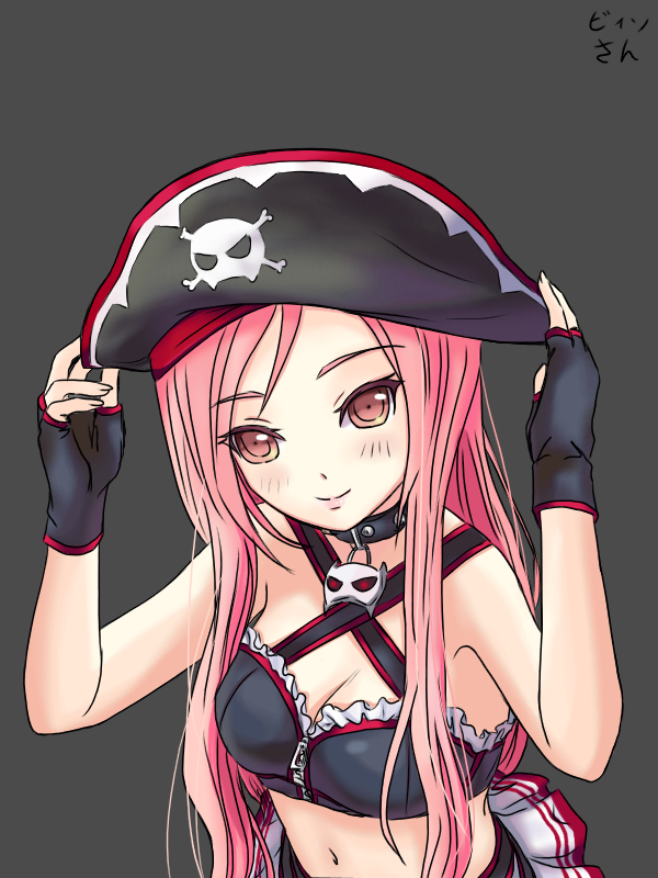 bare_shoulders bingsang breasts cleavage collar fingerless_gloves frills gloves hat long_hair lucia midriff navel pangya pink_eyes pink_hair pirate_hat simple_background skirt skull_and_crossbones smile solo very_long_hair zipper