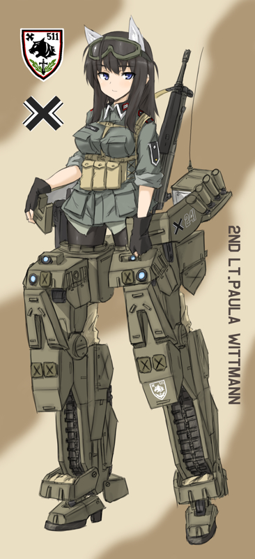battle_rifle black_hair blue_eyes commentary commentary_request fingerless_gloves g3 gloves goggles gun mecha_musume military military_vehicle ogitsune_(ankakecya-han) pantyhose rifle sleeves_rolled_up strike_witches strike_witches_1991 tank uniform vehicle weapon