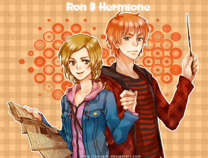 1girl blue_jacket brown_eyes brown_hair casual freckles green_eyes harry_potter hermione_granger hoodie jacket kanapy map red_hair red_jacket redhead ron_weasley striped wand