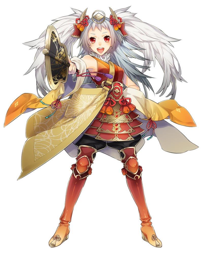 armor ashi blush detached_sleeves fan foreshortening grey_hair gunbai hair_ornament hand_on_hip hips japanese_clothes leg_armor long_hair looking_at_viewer open_mouth original outstretched_arm red_eyes simple_background sleeveless smile solo tassel twintails weapon white_background