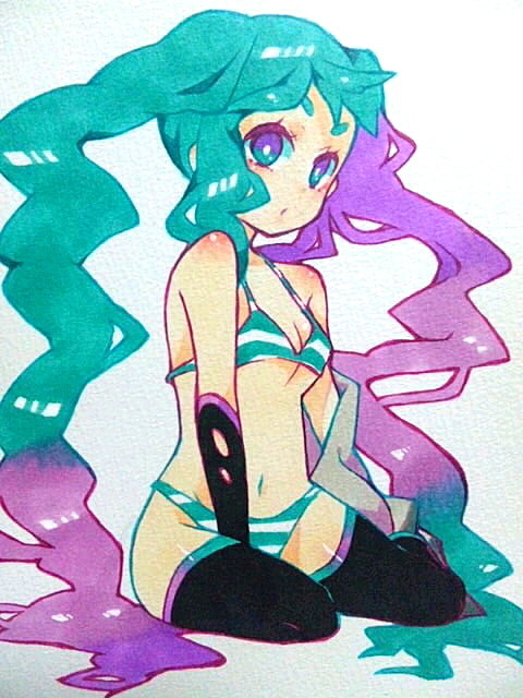 aqua_eyes aqua_hair bikini faux_traditional_media gradient_hair hatsune_miku long_hair momokan_(mmkn100) multicolored_hair purple_hair sitting solo swimsuit thigh-highs thighhighs twintails two-tone_hair very_long_hair vocaloid