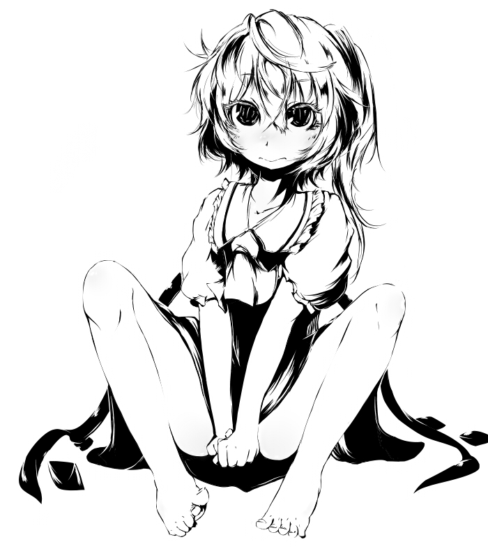 ascot bacho bare_legs barefoot blush embarrassed face feet flandre_scarlet full_body monochrome no_hat no_headwear short_hair side_ponytail simple_background sitting skirt skirt_tug solo spread_legs the_embodiment_of_scarlet_devil toe-point toes touhou v_arms wings