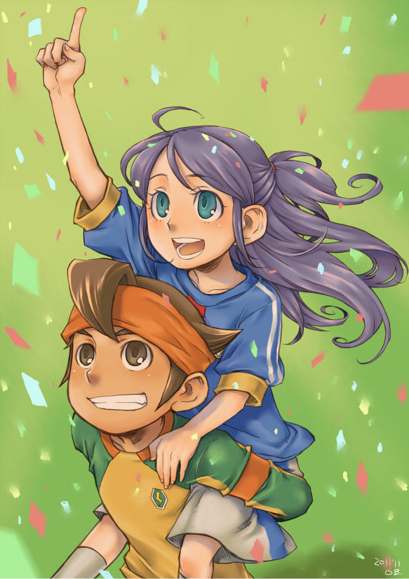 1girl blue_eyes brown_eyes brown_hair confetti endou_mamoru goalkeeper inazuma_eleven inazuma_eleven_(series) inazuma_japan kudou_fuyuka moriobi piggyback purple_hair short_hair soccer_uniform