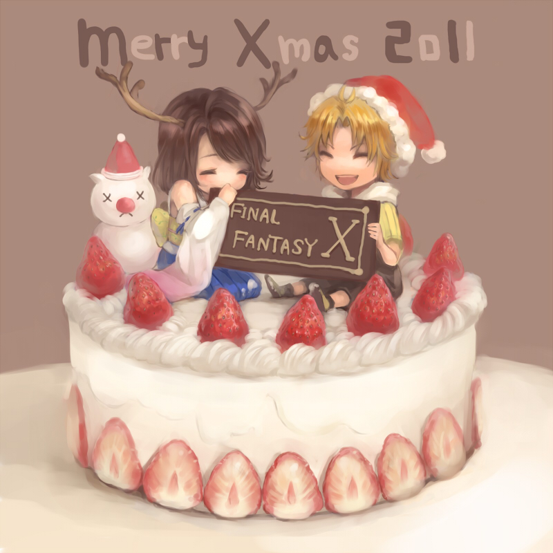 1girl 2011 :d ^_^ antlers blonde_hair brown_background brown_hair cake chibi christmas closed_eyes detached_sleeves english eyes_closed final_fantasy final_fantasy_x food frown fruit habbitrot hat japanese_clothes merry_christmas miniboy minigirl moogle no_nose open_mouth santa_hat seiza short_hair simple_background sitting smile strawberry tidus title_drop x_x yuna