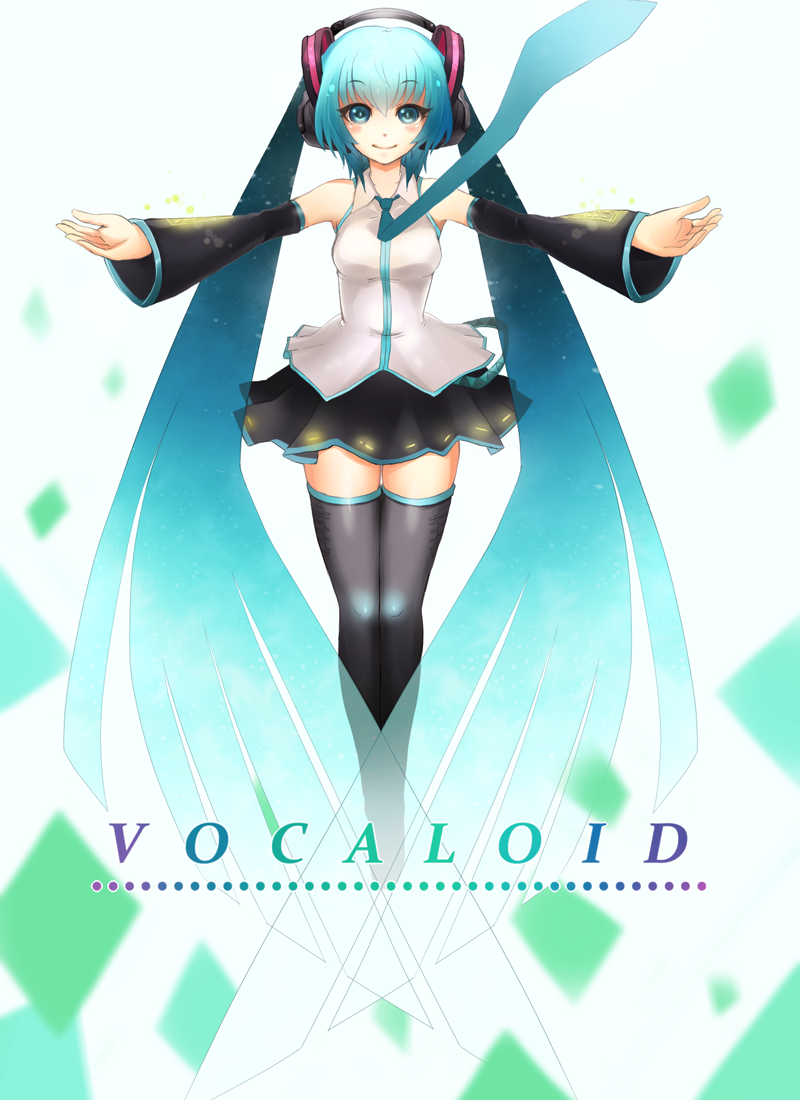 aqua_eyes aqua_hair detached_sleeves hatsune_miku headphones long_hair necktie outstretched_arms skirt smile solo spread_arms thigh-highs thighhighs torn_flipper twintails very_long_hair vocaloid zettai_ryouiki
