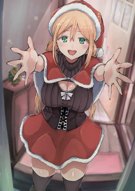1girl black_legwear blonde_hair breasts capelet christmas cleavage cleavage_cutout commentary_request entrance green_eyes hair_between_eyes hat large_breasts looking_at_viewer open_mouth original outstretched_arms ribbed_sweater santa_costume santa_hat solo sweater yukiguni_yuu