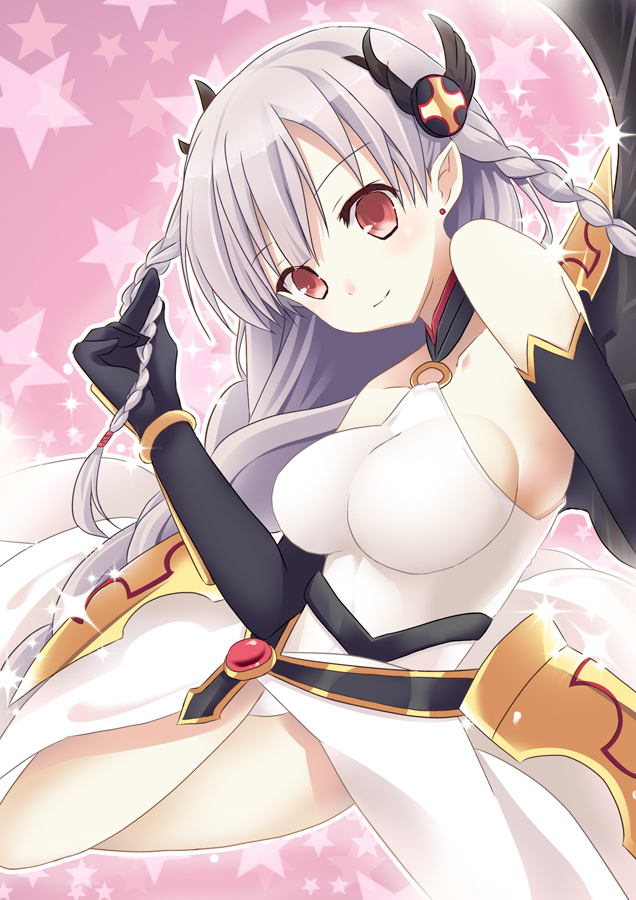 1girl bare_shoulders belt blush braid breasts cleavage detached_sleeves dress earrings elbow_gloves gloves grey_hair hair_ornament halter_top halterneck hand_in_hair jewelry long_hair panties pink_background pointy_ears puzzle_&amp;_dragons red_eyes sideboob smile solo star starry_background tsukiji twin_braids underwear valkyrie_(p&amp;d) white_dress white_panties