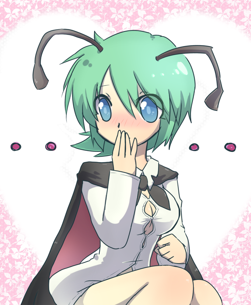 1girl adult antennae blue_eyes blush bottomless breasts bursting_breasts bust cape capelet covering_mouth dress_shirt green_hair hand_to_mouth no_pants shirt short_hair sitting solo suzumusi teenage touhou wriggle_nightbug