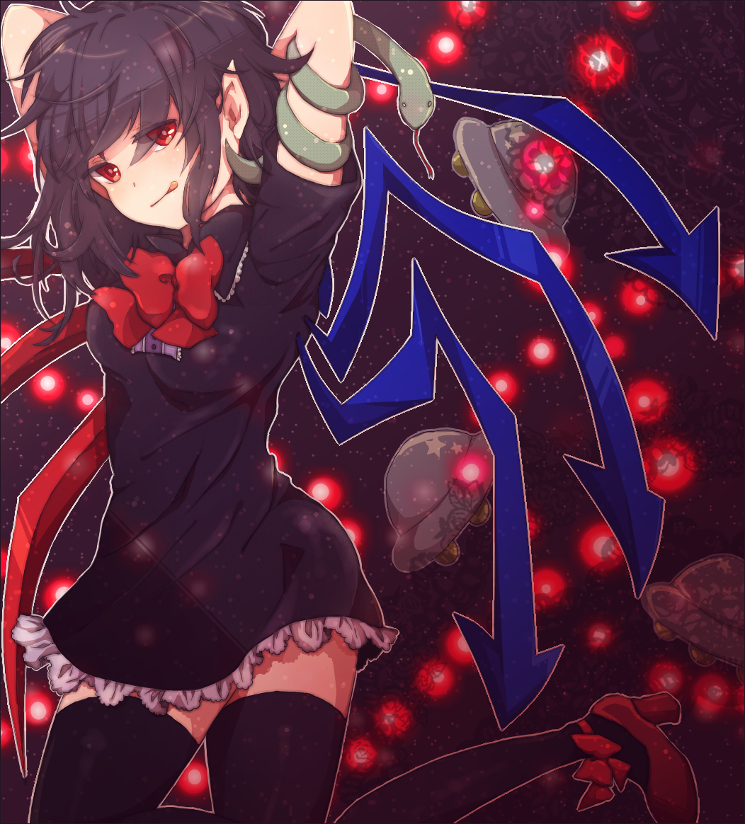 :q \o/ arms_up artist_request asymmetrical_wings black_hair black_legwear danmaku dress hand_behind_head high_heels houjuu_nue lace legs_back outstretched_arms red_eyes ribbon shoes short_hair snake solo thigh-highs thighhighs tongue touhou ufo wings zettai_ryouiki