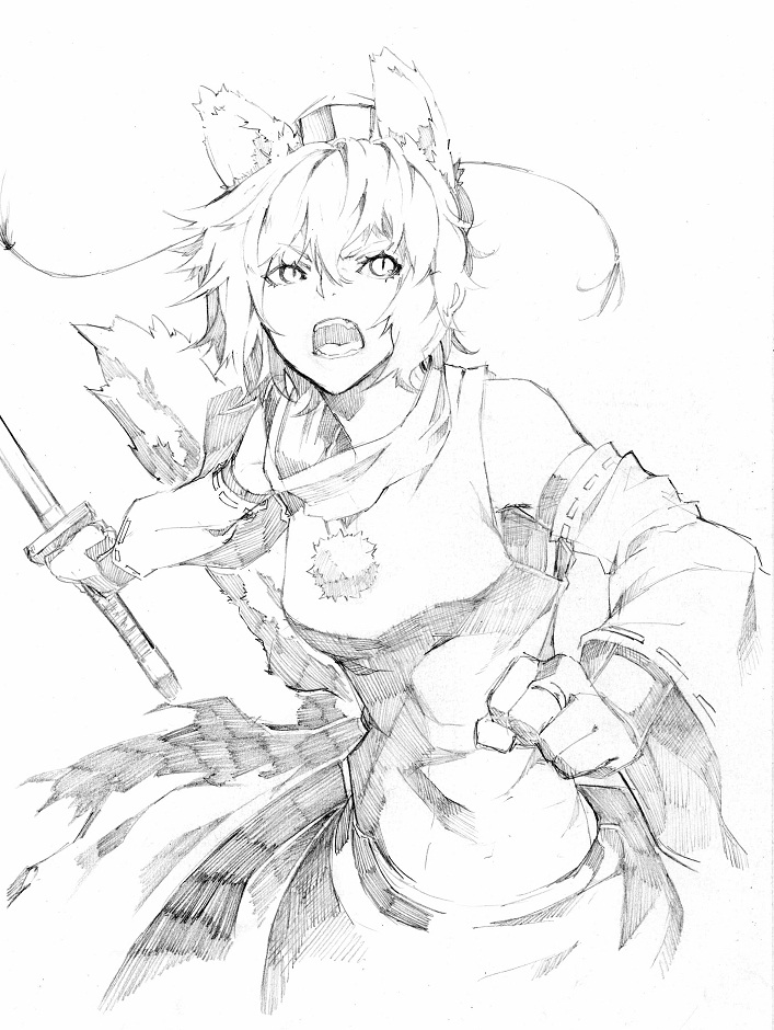 animal_ears clenched_hand detached_sleeves fist graphite_(medium) hat inubashiri_momiji japanese_clothes monochrome open_mouth short_hair slit_pupils solo sukocchi sword tokin_hat touhou traditional_media turtleneck weapon wolf_ears