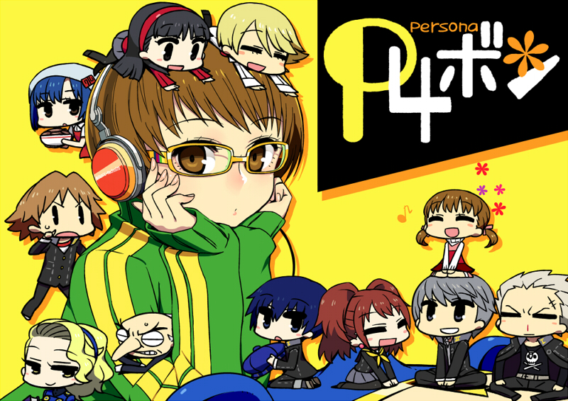 6+girls amagi_yukiko brown_eyes brown_hair chan_co chibi chin_rest doujima_nanako glasses hanamura_yousuke headphones igor kujikawa_rise kuma_(persona_4) margaret miniboy minigirl multiple_boys multiple_girls nakamura_aika narukami_yuu pantyhose persona persona_4 satonaka_chie shirogane_naoto short_hair sitting sitting_on_head sitting_on_person tatsumi_kanji track_jacket yellow-framed_glasses