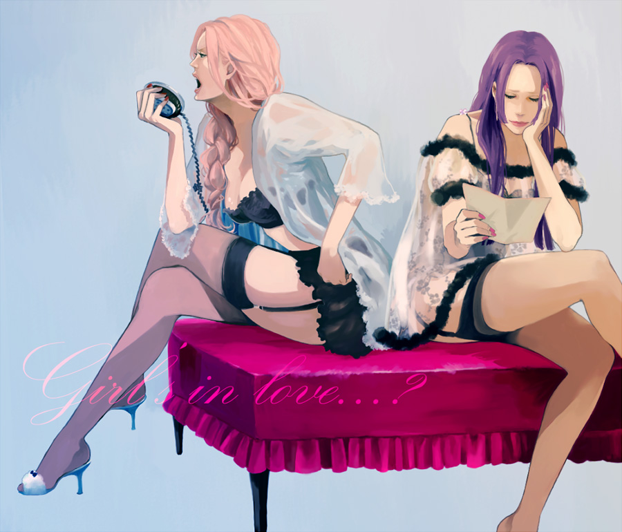 ass boa_hancock breasts cleavage garter_straps high_heels hina_(one_piece) legs lingerie lips long_hair multiple_girls nail_polish one_piece otonai painted_nails pink_hair purple_hair shoes thigh-highs thighhighs timidbunny underwear