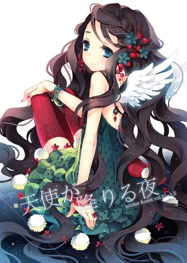 angel_wings blue_eyes bracelet brown_hair choker dress flower from_behind green_dress holly jewelry light_smile long_hair looking_back nail_polish necklace original red_legwear ring sitting solo sparkle tearfish thigh-highs thighhighs very_long_hair wings