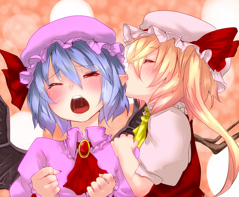 ascot bat_wings biting blonde_hair blue_hair blush clenched_hands closed_eyes ear_biting eargasm eyes_closed face fingernails flandre_scarlet hat incest lavender_hair multiple_girls nail_polish open_mouth pointy_ears red_eyes remilia_scarlet saliva siblings side_ponytail sisters soubi touhou wince wings wink yuri