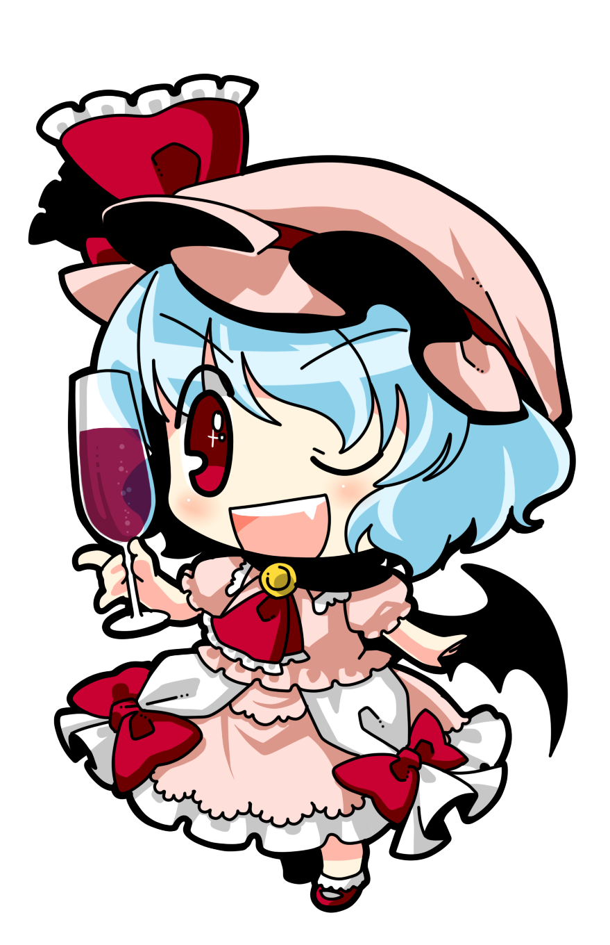 blue_hair chibi cup dress hat highres open_mouth remilia_scarlet short_hair socha solo touhou transparent_background wine_glass wings wink