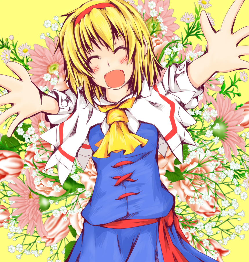 :d ^_^ alice_margatroid ascot bad_perspective blonde_hair bust capelet closed_eyes dress eyes_closed flower hairband kuroi-neko open_mouth outstretched_arms rose sash smile solo touhou