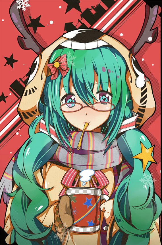 animal_costume bespectacled cup glasses green_eyes green_hair hatsune_miku hippos long_hair mittens mouth_hold mug reindeer_antlers reindeer_costume scarf solo twintails vocaloid