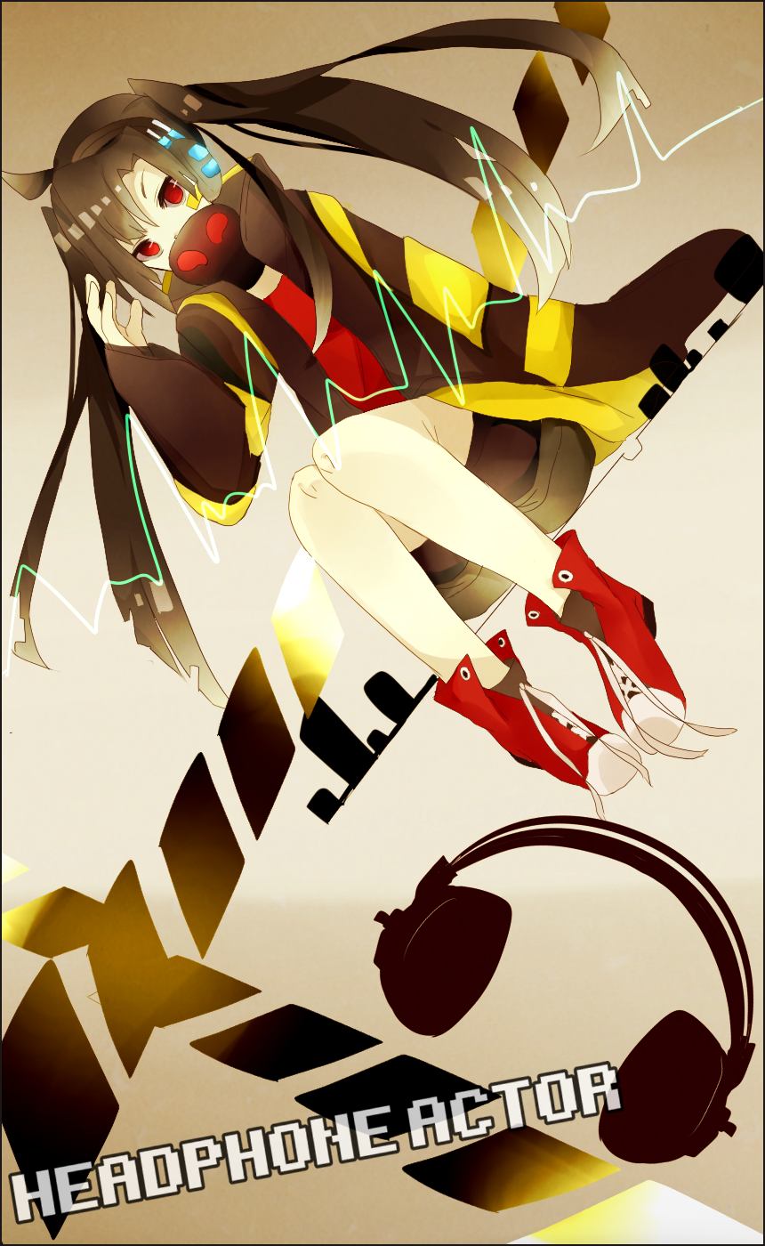 _chiya_(otonn005) bad_id black_hair ene_(kagerou_project) gas_mask headphone_actor_(vocaloid) headphones highres ia_(vocaloid) long_hair red_eyes shoes solo twintails vocaloid