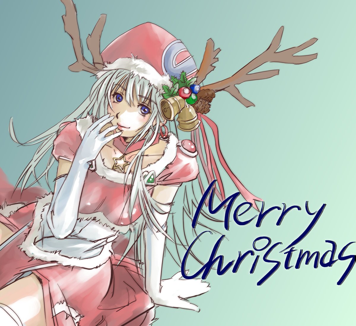 1girl bell blue_eyes christmas earrings elbow_gloves english gloves grey_hair hair hat holly jewelry kuruman long_hair looking_at_viewer merry_christmas necklace opera-tan os os-tan personification pinecone santa_costume simple_background sitting smile solo star temp_h text thighhighs white_legwear
