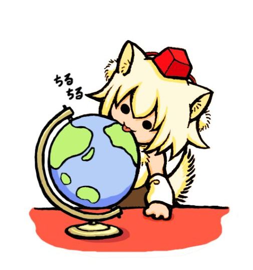 ad animal_ears blonde_hair detached_sleeves globe hat inubashiri_momiji licking parody solo tail terajin tokin_hat touhou wolf_ears wolf_tail