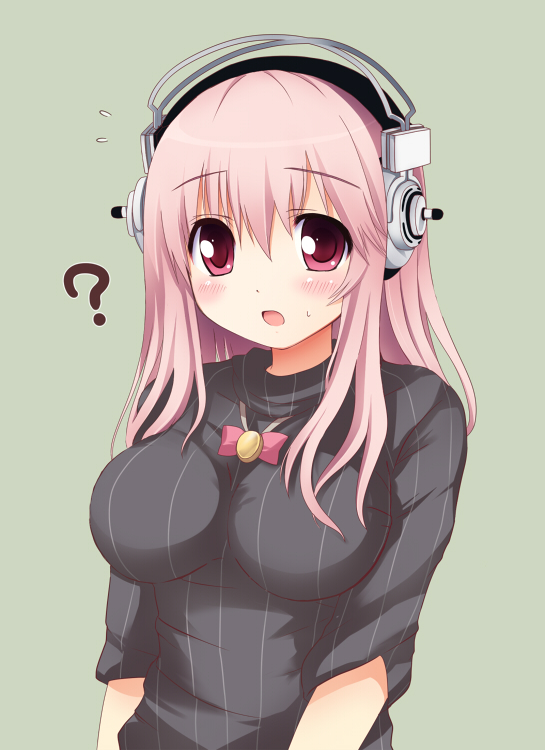 :o ? blush bow bust green_background headphones impossible_clothes impossible_clothing impossible_sweater looking_at_viewer nitroplus pink_eyes pink_hair pirika portrait ribbed_sweater simple_background solo sonico super_sonico sweater