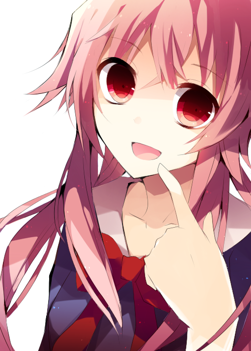 :d bust finger_to_face finger_to_mouth gasai_yuno long_hair mii0617 mirai_nikki open_mouth pink_eyes pink_hair ribbon sailor_collar school_uniform simple_background smile solo twintails white_background