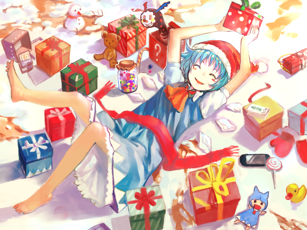 barefoot bear blue_hair bow breasts candy character_doll charlotte_(madoka_magica) christmas cirno closed_eyes dynamite eyes_closed feet gift green_hair hair_bow happy hat lollipop lying mahou_shoujo_madoka_magica mittens perfect_cherry_blossom playstation_portable santa_hat short_hair smile snow snowman solo stuffed_toy touhou wings zrero