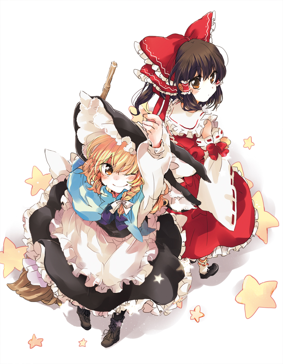 apron arm_up bare_shoulders blonde_hair boots bow braid broom brown_eyes brown_hair capelet detached_sleeves dress footwear frilled_apron frilled_skirt frills from_above hair_bow hair_ribbon hair_tubes hakurei_reimu hat hat_ribbon kirisame_marisa long_hair miko multiple_girls ponytail poprication ribbon shoes short_hair side_braid simple_background single_braid skirt sleeveless sleeveless_shirt smile socks star touhou turning white_background wink witch witch_hat yellow_eyes