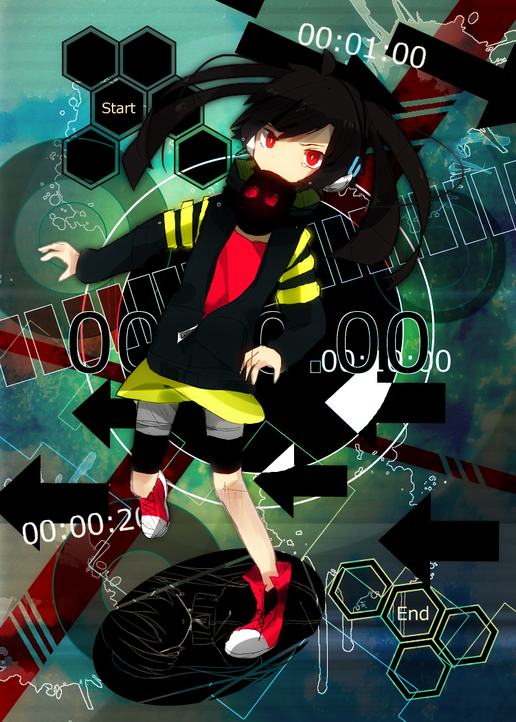 black_hair ene_(kagerou_project) gas_mask headphone_actor_(vocaloid) ia_(vocaloid) long_hair meega red_eyes solo twintails vocaloid