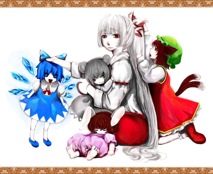 animal_ears barefoot blue_eyes blue_hair borders bow brown_hair bunny_ears cat_ears cat_tail chen child cirno cucchane fairy frown frowning fujiwara_no_mokou grey_hair hair_bow happy hat ice ice_wings inaba_tewi letterboxed long_hair mouse_ears mouse_girl mouse_tail multiple_girls nazrin petting rabbit_girl red_eyes ribbon short_hair silver_hair sleeping smile tail touhou very_long_hair white_hair wings