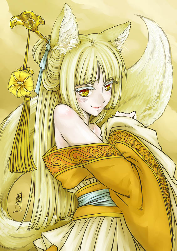 animal_ears antaria bare_shoulders blonde_hair blush fox_ears fox_tail hair_stick journey_to_the_west long_hair signature solo standing tail yellow_eyes youkai yu_mian_gongzhu