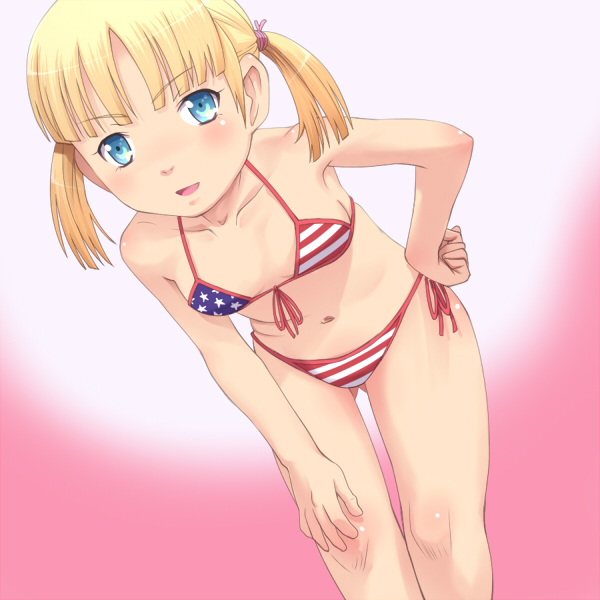 america american_flag_bikini bikini blonde_hair blue_eyes blush body_blush child collarbone flag_print hand_on_hip hand_on_knee knowing_smile leaning_forward looking_at_viewer meow_(nekodenki) navel open_mouth original simple_background solo swimsuit twintails