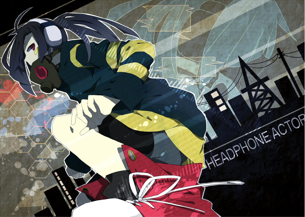 black_hair ene_(kagerou_project) gas_mask headphone_actor_(vocaloid) headphones ia_(vocaloid) long_hair motineko red_eyes shoes solo twintails vocaloid