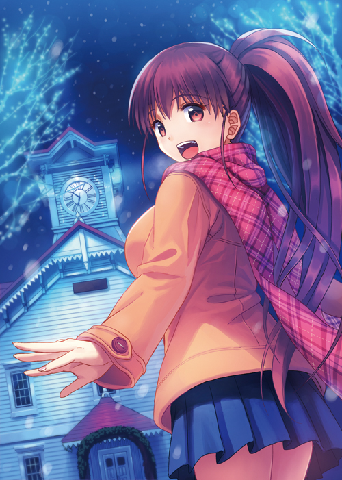 blue_dress blue_skirt breasts brown_eyes brown_hair clock coat dress dutch_angle from_behind kichiroku long_hair looking_at_viewer looking_back open_mouth plaid plaid_scarf ponytail scarf skirt smile snow solo taneshima_popura winter winter_clothes working!!
