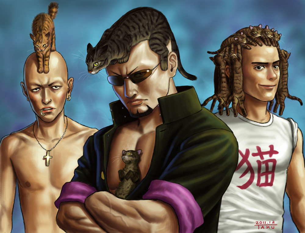 animal_ears animal_on_head bald banchou beard brown_eyes cat cat_on_head cross cross_necklace dreadlocks earring earrings hairlocs jacket jewelry male manly matataku mohawk multiple_boys muscle necklace original piercing pompadour sunglasses too_many_cats what wig yellow_eyes