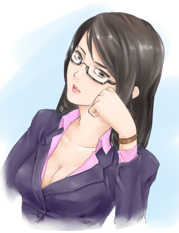 1girl black_hair breasts business_suit cleavage female formal frown glasses large_breasts lipstick long_hair makeup office_lady open_clothes open_mouth open_shirt original shirt solo suit yamaishi108