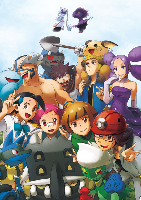 4boys 4girls :d bastiodon denji_(pokemon) double_v dress elbow_gloves everyone froslass glasses gloves gym_leader helmet hyouta_(pokemon) looking_at_viewer lucario maximum_kamen melissa_(pokemon) mismagius multiple_boys multiple_girls natane_(pokemon) open_mouth pokemon pokemon_(creature) pokemon_(game) pokemon_diamond_and_pearl pokemon_dppt pokipoki purple_dress quagsire raichu rampardos roserade shovel sky smile sumomo_(pokemon) suzuna_(pokemon) tougan_(pokemon) v worktool