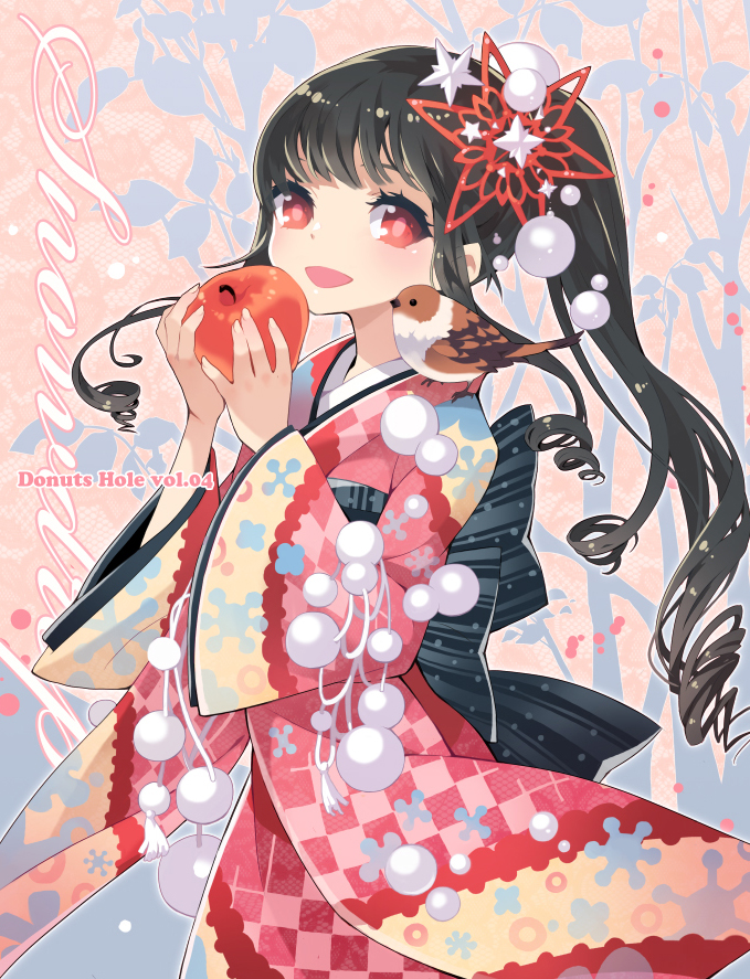 apple bf._(sogogiching) bird bird_on_shoulder black_hair bow drill_hair food fruit hair_ornament holding holding_apple holding_fruit japanese_clothes kimono large_bow long_hair open_mouth original ponytail red_eyes side_ponytail smile solo