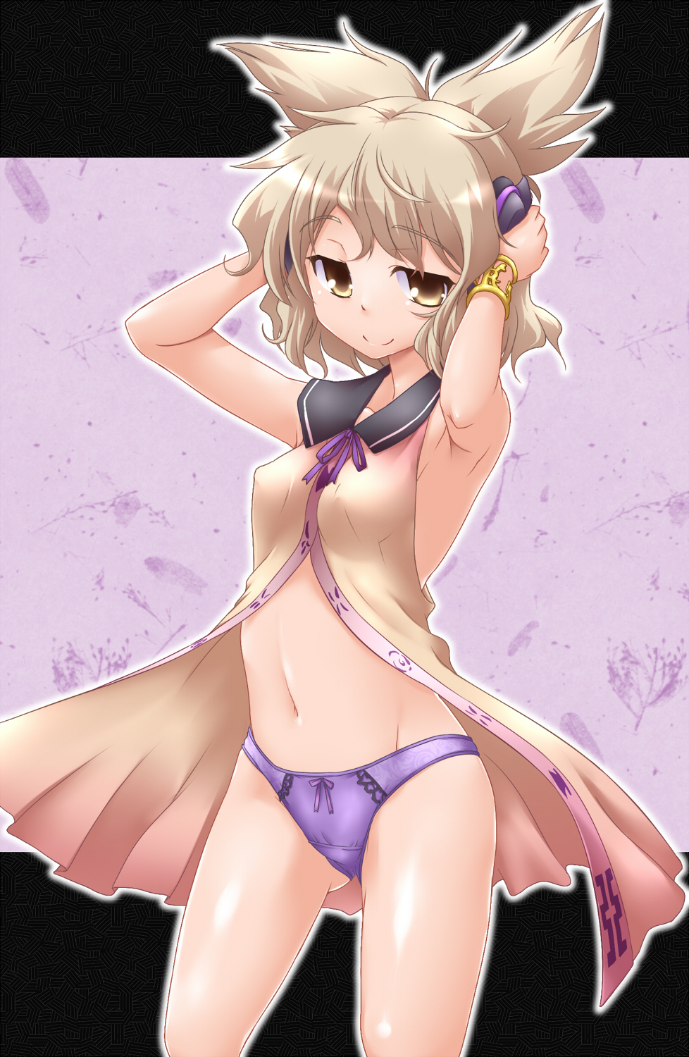 armpits blonde_hair bracelet brown_eyes earmuffs hands_on_headphones headphones highres jewelry lace-trimmed_panties midriff navel no_pants open_clothes open_shirt panties purple_panties shirt short_hair sleeveless sleeveless_shirt solo touhou toyosatomimi_no_miko underwear wristband yoshi_tama