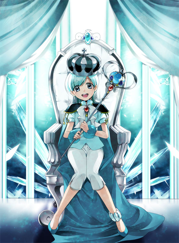 :d blue_eyes blue_hair cape chair character_request crown curtains gem green_eyes hirococo hirococo_(hakka) open_mouth pauldrons personification pokemon ribbon scepter smile solo throne window windows wrist_cuffs