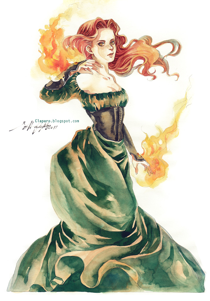 breasts cleavage corset dress fire freckles long_hair magic orange_hair original phong_anh signature simple_background solo traditional_media watercolor_(medium) watermark web_address yellow_eyes